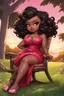Placeholder: Against a background wash of golden sunset, a curvy chibi black female cartoon bombshell lounges on a lawn chair facing right. Her cascading black hair twists loosely halfway up, the rest falling around her shoulders. Dramatic makeup in sultry shades of brown and pink bring out her large, lined brown eyes. She sits sideways in a form-fitting red maxi dress, resting her rounded face on one hand as the other smooths the billowing fabric over her ample hips.