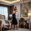 Placeholder: very beautiful sexy lady with beautful midi skirt and blouse standing in a luxury bedroom with high heels next to makeup desk looking to camera