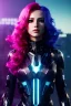 Placeholder: Smirking Cyborg anime assassin, light magenta hair, blue eyes, dark clothing, waist up portrait, 8k resolution, intricate details, ornate details, soft lighting, vibrant colors, retroanime, masterpiece, intricate eyeliner, dark eyeshadow, eyes, intricate tattoos, futuristic cityscape background