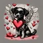 Placeholder: Lovesick , illustrated black and grey puppy dressed as cupid, cupid illustration, vintage valentines day colors, heavenly, romantic colors, realistic dog drawing, surreal, cartoonist, overexaggerated, detailed drawing, behance, Victorian inspired, art station, in the style of damien hirst