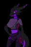 Placeholder: a black and purple, female argonian artificer who uses Tesla coils as weapons, skinny, lightly armored