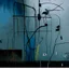 Placeholder: Minimal abstract oil painting of a plants in concrete warehouse brutalist architecture and hanging wires illuminated at night. With triadic colours. In the style of Justin Mortimer and Phil Hale, Ashley Wood