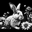 Placeholder: a beautiful rabbit between clear seeds and big flowers black background .black and white colors. for coloring . with grayscale