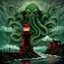 Placeholder: color Ink illustration by Phillipe Druilett, heavily inspired by the unsettling symbolism of Virgil Finday and Alexander Jansson, depicting massive Cthulhu rising over a lighthouse in a driving rainstorm, red and dark_green and black color scheme dominating the artwork, grim narrative, smooth illustration, chilling Eldritch motifs, UV reactive color slashes, textured surface, ominous representation, unsettling.