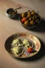 Placeholder: renaissance style still life composite, Raviolis pasta with natural tomato, albahaca, olives, olive oil. Dish, moisture, art, natural, ornaments, ceramic, marble, high kitchen, smooth, god rays, unreal engine 5, ray tracing, RTX, lumen lighting, ultra detail, volumetric lighting, 3d.