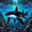 Placeholder: a very detailed orca in the ocean surrounded by a school of little fishes. Realistic, underwater world, enchanting, dangerous.