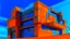 Placeholder: cyberpunk, A modern abstract building with bold orange and blue geometric shapes against a blue sky background, vaporwave, neon colors, science fiction, detailed scene