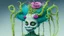 Placeholder: Partially skeletonized troll doll in ceremonial dress for getting married with plants growing from the top of her head; Alex Pardee; surrealism