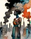 Placeholder: acrylic and watercolor and line tint painting of a sad young woman standing in front of a city entirely made of smoke, bronze - skinned, geometric curves, featured art, philosophical splashes of colors, art brought to life, soul shock
