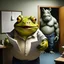 Placeholder: close up photo of a fat yellow-green color angry anthropomorphic frog in simple human cloths and take between his hands many paper in office, on the wall hang an wall board with some written sheets of paper, behind in background standing an anthropomorphic strong gray rhinoceros in blue jeans t-shirt behind in halb open door , dark colors, detailed 3d, sci-fi, fantasy mood