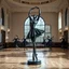 Placeholder: photo of a statue of ballerina made of black marbel in a modern ballroom with some exersising ballerinas