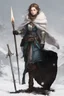 Placeholder: A female cleric dressed for the winter, with brown hair. Snowy background