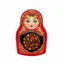 Placeholder: Russian Khokhloma-style patterns, a matryoshka doll in the middle, black and white shades on a red background, patterns on the sides