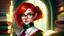 Placeholder: young elf woman, short shoulder length bright red hair, green eyes, freckles, shy, timid, nerdy, bookish, cute, natural beautiful, glasses, choker, skirt, spell caster, posing, resting over a desk, magic, library background, full body