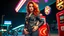 Placeholder: Amidst a kaleidoscope of colors at a retro-futuristic gas station, a daring woman reminiscent of a 1950s pin-up girl exudes confidence. Her fiery-red curls cascade over a leather jacket adorned with patches, and her high-waisted jeans hug her curves elegantly. This striking image, perhaps a digitally-enhanced photograph, captures every detail in vivid clarity. The neon lights reflect off her glossy red lipstick, and the retro pumps on her feet add a touch of glamour to the scene. The image is a