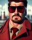 Placeholder: a young man with big muscles who looks like hans gruber wearing a heavy coat and red sunglasses staring with an irritated look on his face