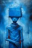 Placeholder: A strange and gloomy stick man with a blue plastic bag on his head. Surrealism, figurative painting with elements of the Bauhaus style. Intense textures.