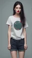 Placeholder: generate a full-length girl with gray-green sad eyes, with dark hair above the shoulders, a round face, not very plump lips, in a black T-shirt with a red print, short shorts, blue socks