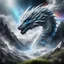 Placeholder: Breathtaking scene of a cloudy mountain range with superimposed multiple-exposed hyperealistic, Ultra-detailed white/grey fractal giant head of a Dragon with long flowing wings and tail with light blue/silver highlights, grass and a rainbow effect on a black background, high contrast, light effect, smoke effect, smoke and stars in the background