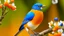 Placeholder: A colorful bird with orange and blue feathers perched on a branch with white flowers