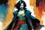 Placeholder: create a wildly imaginative full body portrait of an ethereal, otherworldly , medieval female vampire sorceress with extremely short hair in ragged ornate robes , in the comic book art style of Bill Sienkiewicz, Mike Mignola, and Jean Giraud Moebius, with highly detailed feminine facial features , finely drawn, colored and inked,