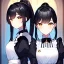 Placeholder: Clear focus, 8k, beautiful lighting, vibrant colors, girl, black hair, long hair, vibrant golden eyes, ponytail, same twins, black hair, golden eyes, same clothes, maid,