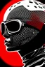 Placeholder: woman with red paint on full face, black round sunglasses, black and white swimming cap on head, black turtleneck, side view by joe scott , afrofuturism, futuristic, pop art, geometric, bizarre, surreal