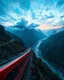 Placeholder: Long distance view Realistic Photography Panoramic style electric sky rain, atmospheric beautiful electric sky train, rides in stunning river and mountain landscape, mountain gorge, bright color palette, high detail, perfect composition, cinematic shot, intricate details, hyperdetail