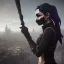 Placeholder: women, faces covered in black masks, ragged clothes, holding flag, war-torn, destroyed city in the background, 8k resolution, hyperrealistic, detailed matte painting, b&w, dynamic lighting, war, anarchy, terrorists