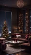 Placeholder: Hyper Realistic Dark Brown Living Room With Fancy Velvet Furniture & Christmas Decoration at snowfall night from window view