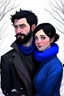 Placeholder: Winter nature scene, dark haired couple, man with short black beard, blue eyes, sketch