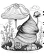 Placeholder: mushroom world with snail minimalistic landscape. line art, background, vector, svg, coloring book page style, black outline on white background