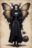 Placeholder: Jean-Baptiste Monge style 19th century hand drawn full body portrait dark gothic fantasy illustration of a walking hybrid Polyphemus moth goth girl, with highly detailed facial features with large sad eyes, drawings, 8k, vibrant natural colors, otherworldly and fantastic