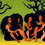 Placeholder: Octane rendered. .a group of women.five young black women sitting around a fire. Black Sisters. Sitting and Standing together. 4k Painting. Detailed. Fine details. the faces of 5 young black women. Young women sitting wood nymphs emerging from the forest. THeir hair looks like vines. Dreadlocs. Their skin is the colour of dark soil. their skin looks like tree bark. Their clothing is made of vines, grass and leaves.