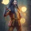 Placeholder: D&D character, male, long black hair in ponytail, dark tan skin, artificer, holding gun, light armor, chain armor, bust