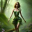 Placeholder: upper body of yohan diniz, fast walker, as a young cute feminine woman, short hair, green forest background, stream, mega flowers, tiny birds of many colors,peacock, dusk, fireflies