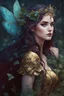 Placeholder: Burgundy hair, dark hair,dark red , rapunzel hair,very long hair,dark fairy princess,elven crown,night,dragonflies,beautiful,ong ashes,golden armor ,sparkle,night blooming,ivy,dark green,lilly of valley,golden elven crown