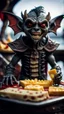 Placeholder: full body portrait of a vampire werewolf gremlin stargoyle eating cheese doodles and the blood of fish on a viking ship, in the style of Giger,bokeh like f/0.8, tilt-shift lens 8k, high detail, smooth render, down-light, unreal engine, prize winning