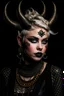 Placeholder: A young tiefling woman with a set of ram horns on her head encrusted with jewels, White-Blonde, short hair, black eyes, dressed in black with lots of jewelry, beautiful, satanic tattoos on her neck, she is evil