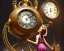 Placeholder: a girl pulling a big clock holding with a chain, clock flying away from the girl, realistic, intricately detailed