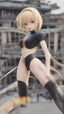 Placeholder: beautiful anorexic asian girl, total shot, shiny triathlon swimsuit, short blond wavy bob hair, blurred city background