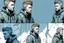 Placeholder: man, ethan hawk, looking at the sky, looking serious, comic book, post-apocalypse, grey background, illustration, multiple angles, sketch,
