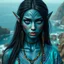 Placeholder: Hyperrealistic, ultra HD, 4K resolution, general shot of a beautiful elf, with metallic blue skin, tribal tattoos, dark, straight, long hair, elongated face towards the chin, almond-shaped eyes slightly tilted upwards, of a deep blue color. She wears a tunic in turquoise, blue and silver colors with geometric embroidery. She wears tribal jewelry, with colored beads. Background a futuristic coastal landscape.