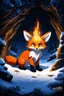 Placeholder: nyx as a fox living under the snow in a dark cave lit with fire, anime, airbrush with pen outline, book cover