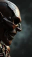 Placeholder: a side view of wishmasyby his face skin is a rusted broken metallic skin texture in a 3d rendering full-height image of a grim and dark scene. Ensure the final images exhibit the utmost quality, encompassing 4K, 8K, and 64K resolutions, with 3D rendering that manifests in photorealistic, hyperrealistic, and highly detailed representations. Employ techniques such as HDR, UHD,