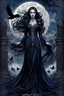 Placeholder: A muted dark colored gothic image of a woman with intricate sade facial features dark eyes, dressed in a deep midnight blue and grey long flowing dress with an aura of fantasy, with long dark hair, there are swirls of silver, a black raven fly around her , a full moon in the dark sky, big mist around her a tombstone, skulls, dark roses, midnight blue roses, a wrought-iron fence around the graveyard, gnarled tree near the tombstones, moonlight filtering through the trees, ethereal glow and fog