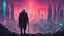 Placeholder: I'd like an old man with his back turned holding a staff, partially cyberized, looking a dystopian city from far away, neon sky