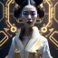 Placeholder: Cyber geisha, Woman, black hair, white skin, velvet dress, gold pattern, cyberpunk, purpurin, highly detailed, art stations, concept art, smooth, unreal engine 5, god rays, ray tracing, RTX, lumen lighting, ultra detail, volumetric lighting, 3d, finely drawn, high definition, high resolution, gradient background