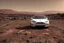 Placeholder: A Tesla 'Model S' is drifting at high speeds, at the Cydonia region on Mars. (CINEMATIC, WIDE ANGLE LENS, PHOTO REAL)