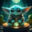 Placeholder: "Create a cute image of Baby Yoda from 'The Mandalorian' holding a shiny Monero coin in his tiny hands. Around him, floating holographic Monero symbols glow with a soft silver light, as he sits in his hovering pram against the backdrop of the lush forests of the planet Sorgan."